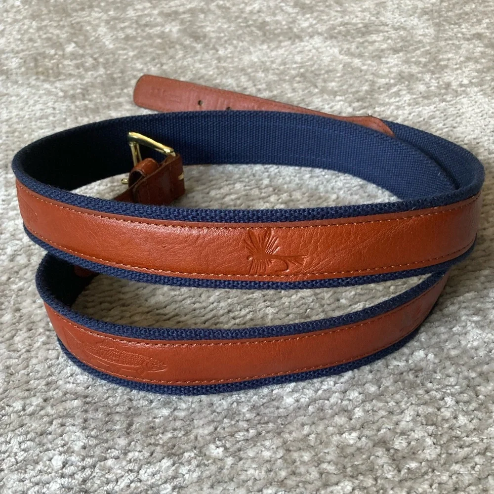 L.L. Bean Leather & Canvas Fish Belt Size 46 Brown Blue Preppy Outdoor‎